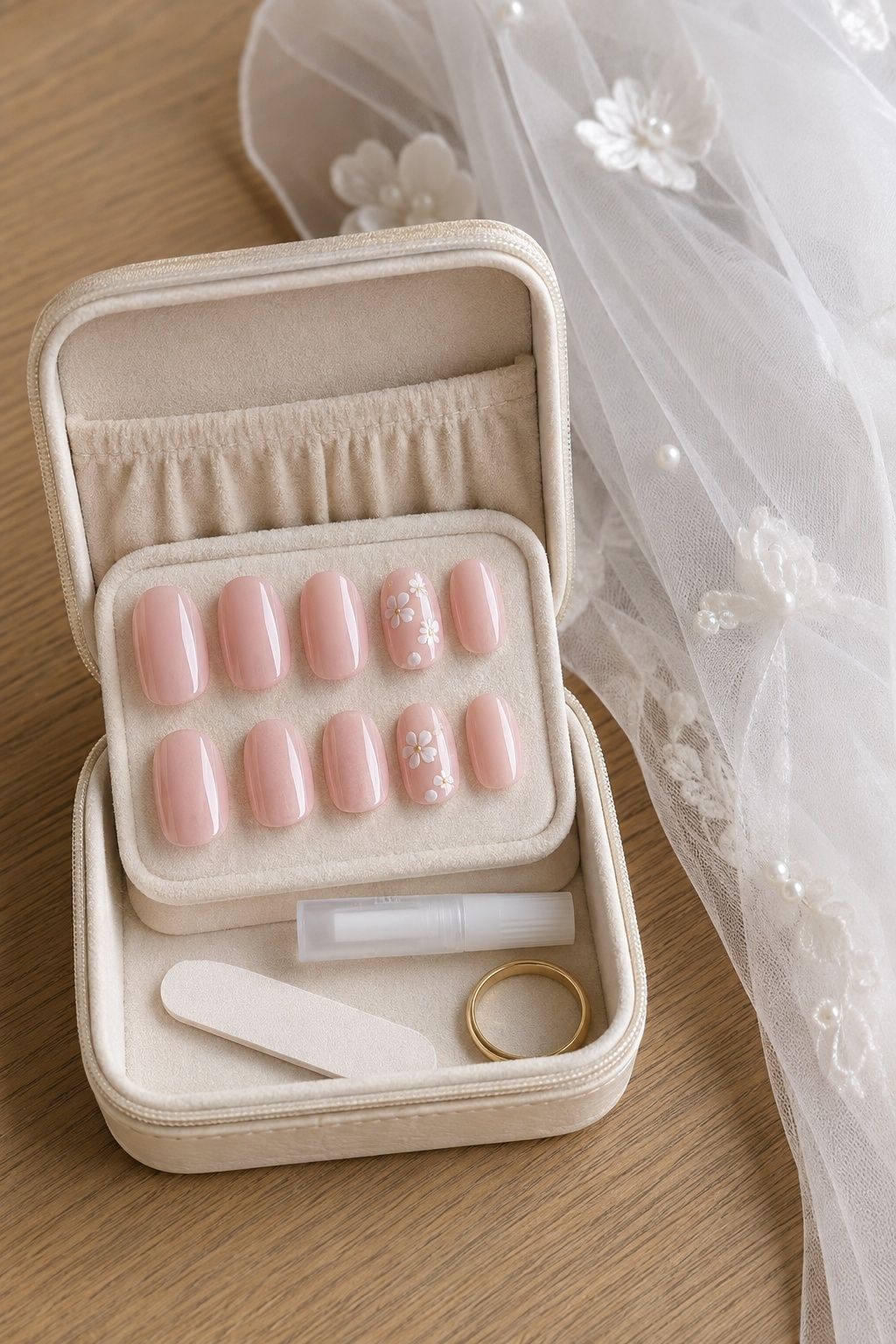 Floral pink press-on bridal nail set with glue and a mini file in a travel case