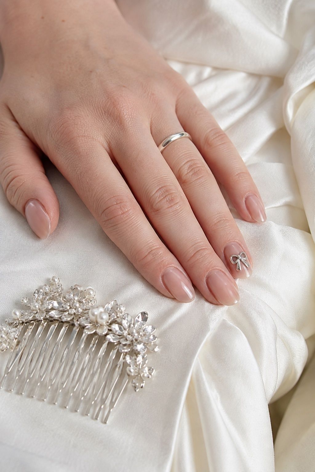 Small silver chrome bow on one nude bridal accent nail