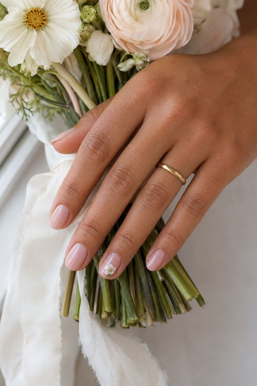 Ring-finger flower art echoing an ivory and blush bridal bouquet