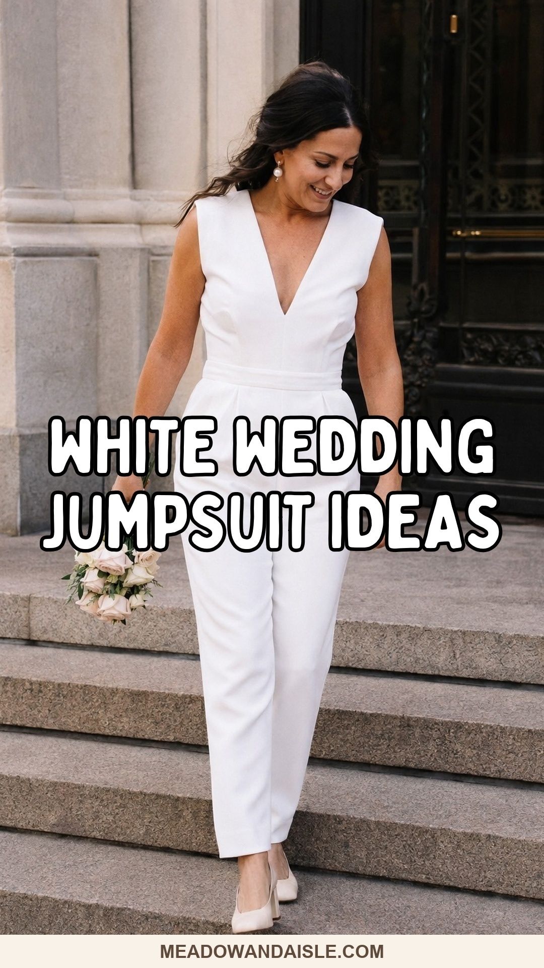 Pinterest pin with the title White Wedding Jumpsuit Ideas