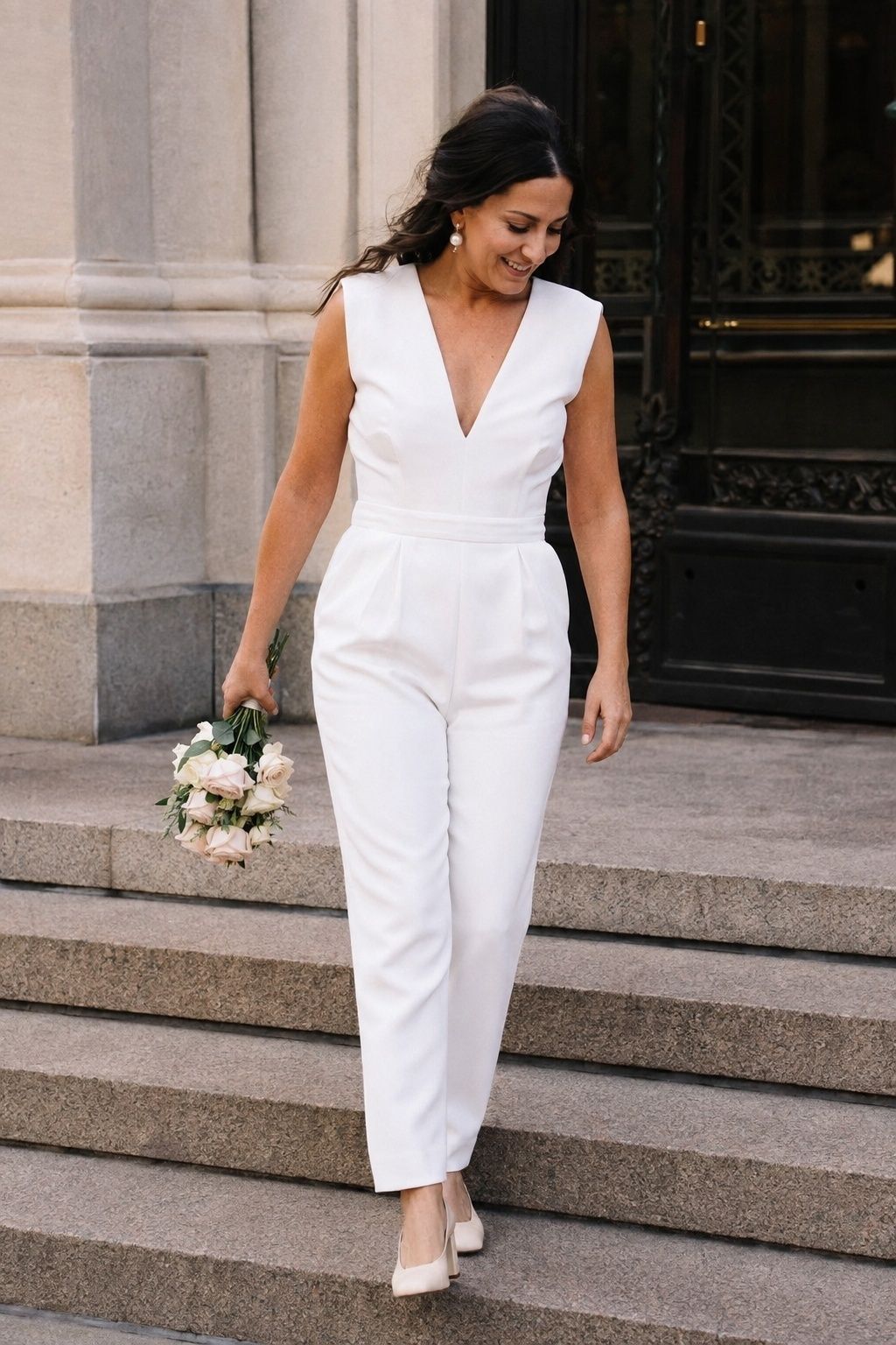 White bridal jumpsuit for a city hall wedding