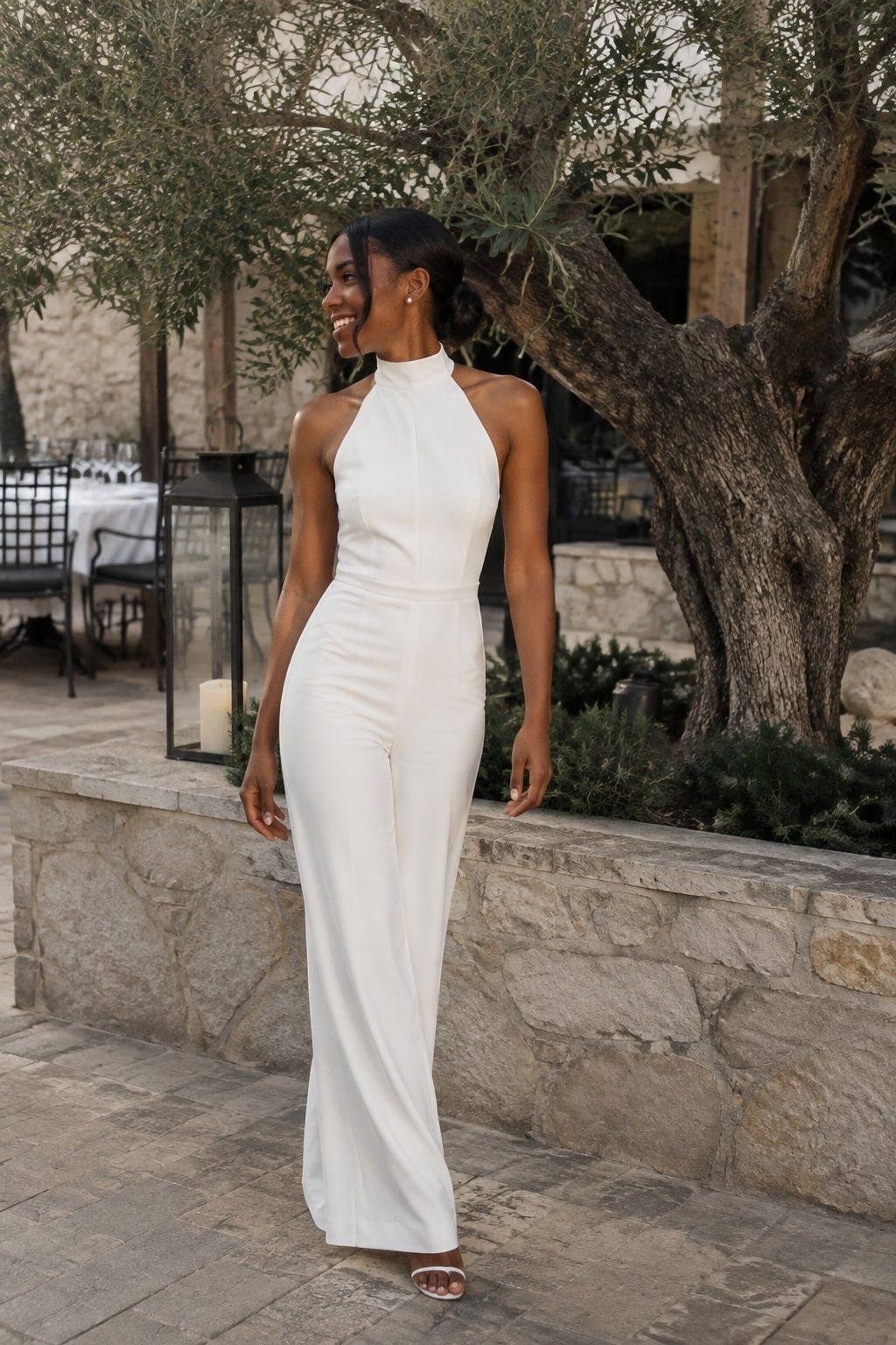 White halter-neck wedding jumpsuit