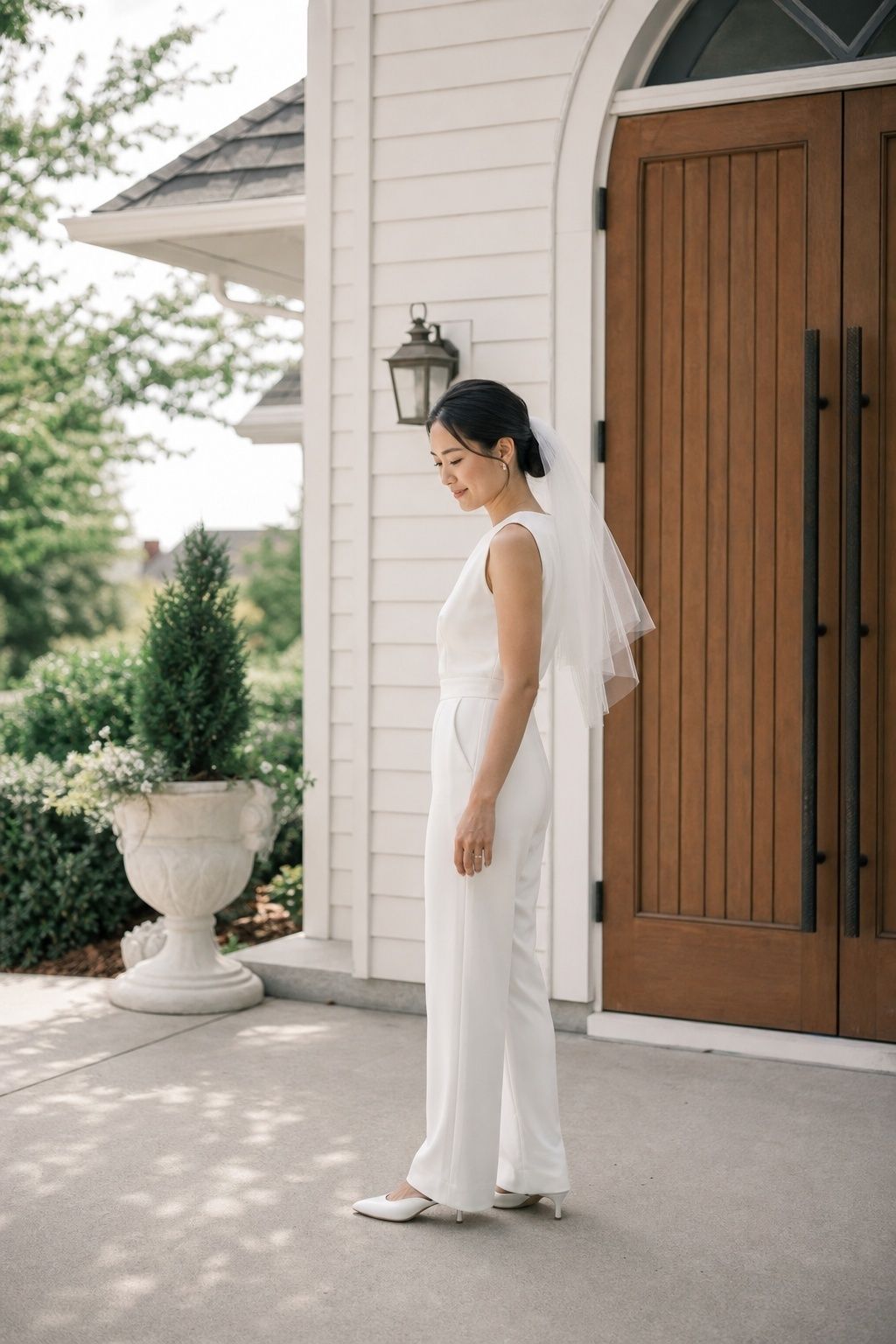 White bridal jumpsuit with a short veil