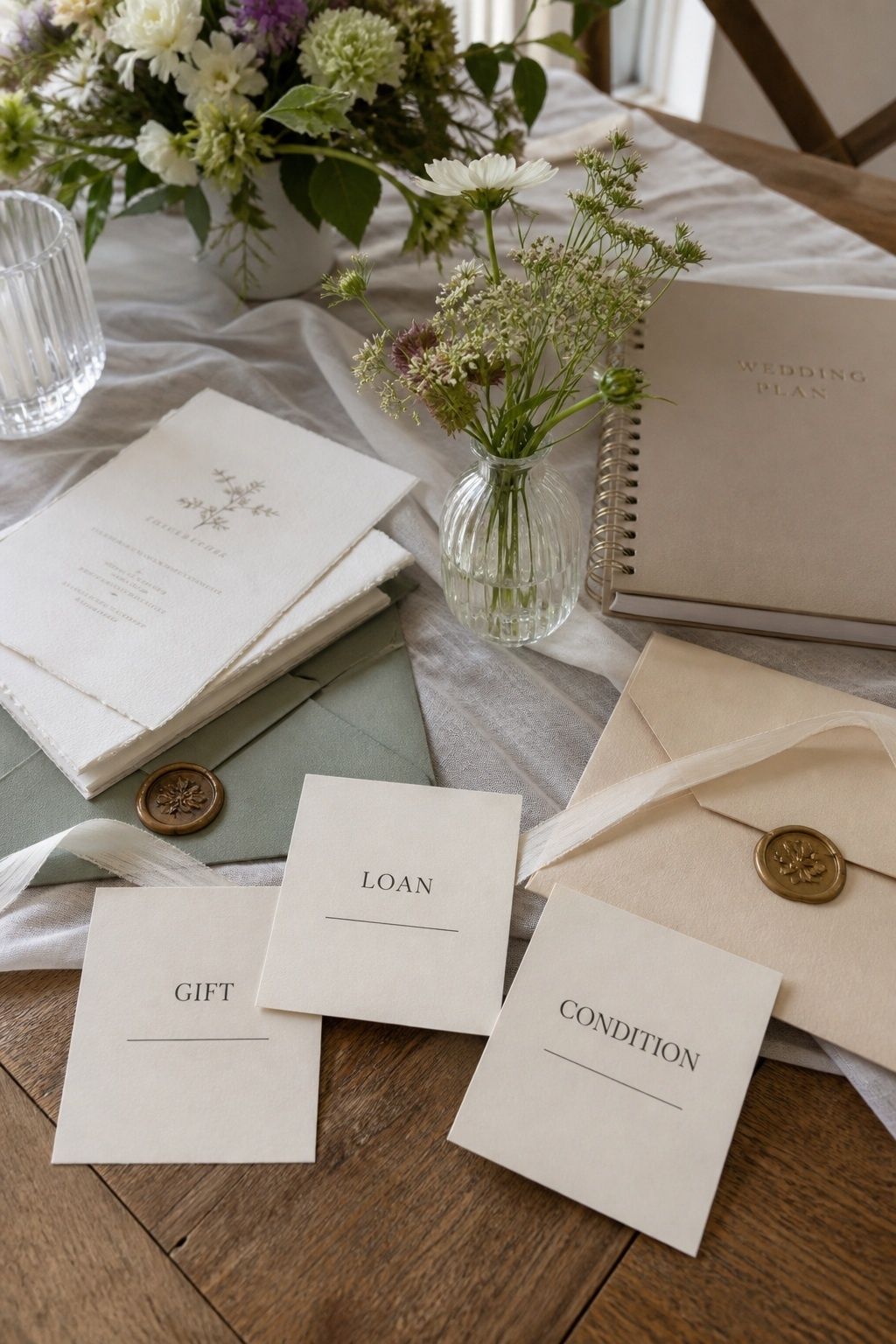 Wedding contribution cards labeled gift, loan, and condition beside invitations and a planner