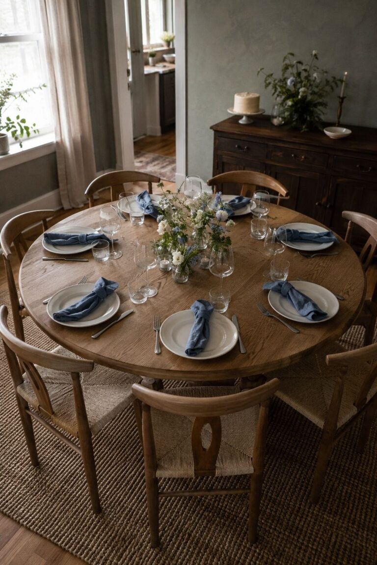 Intimate round dinner table with blue napkins, garden flowers and a small cake nearby.