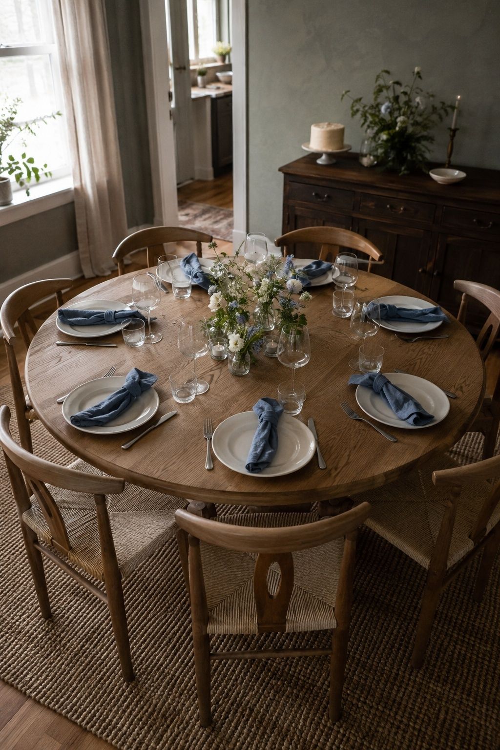 Intimate round dinner table with blue napkins, garden flowers and a small cake nearby.