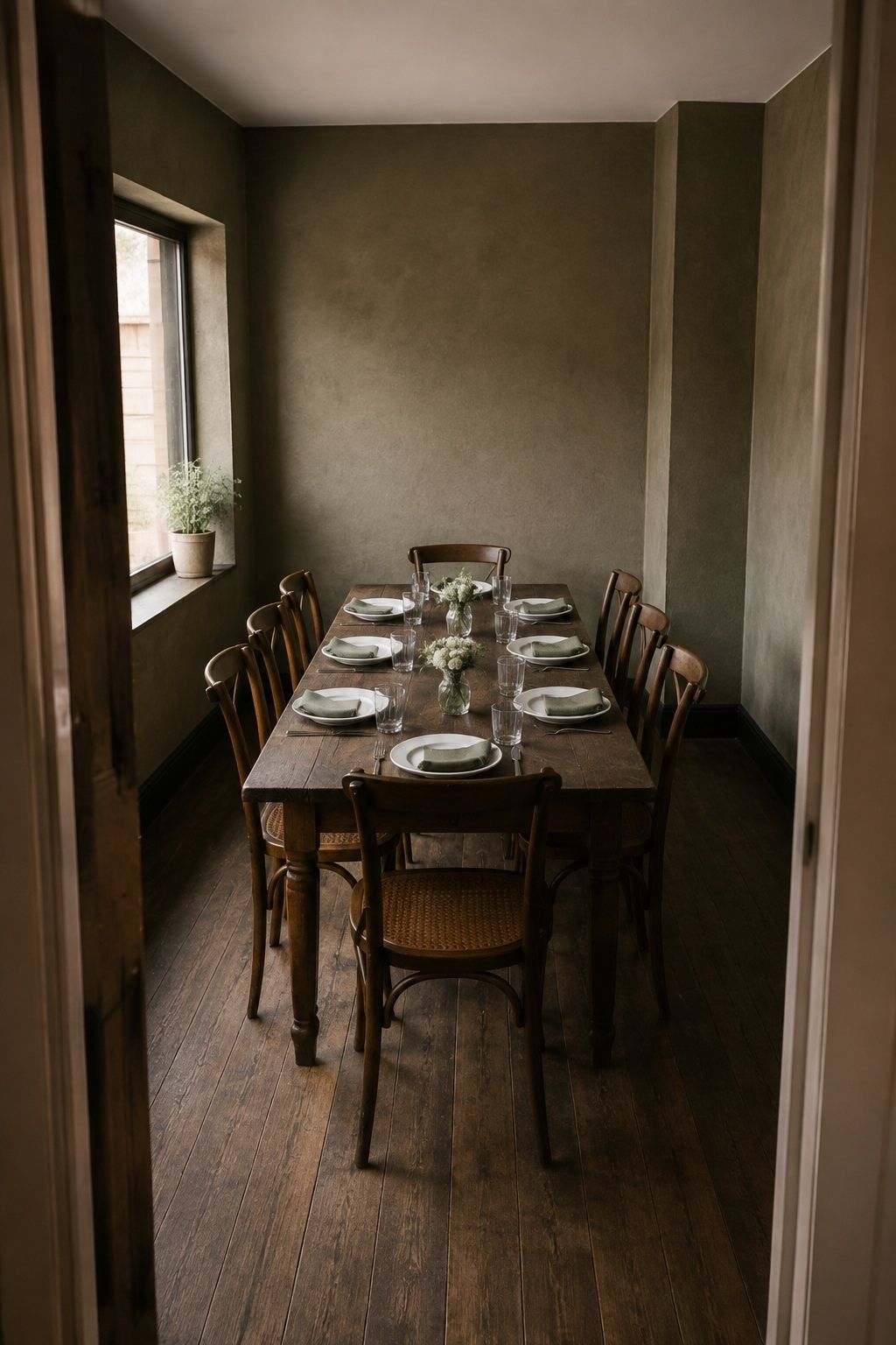 Eight place settings in a small restaurant private dining room with a clear walkway.