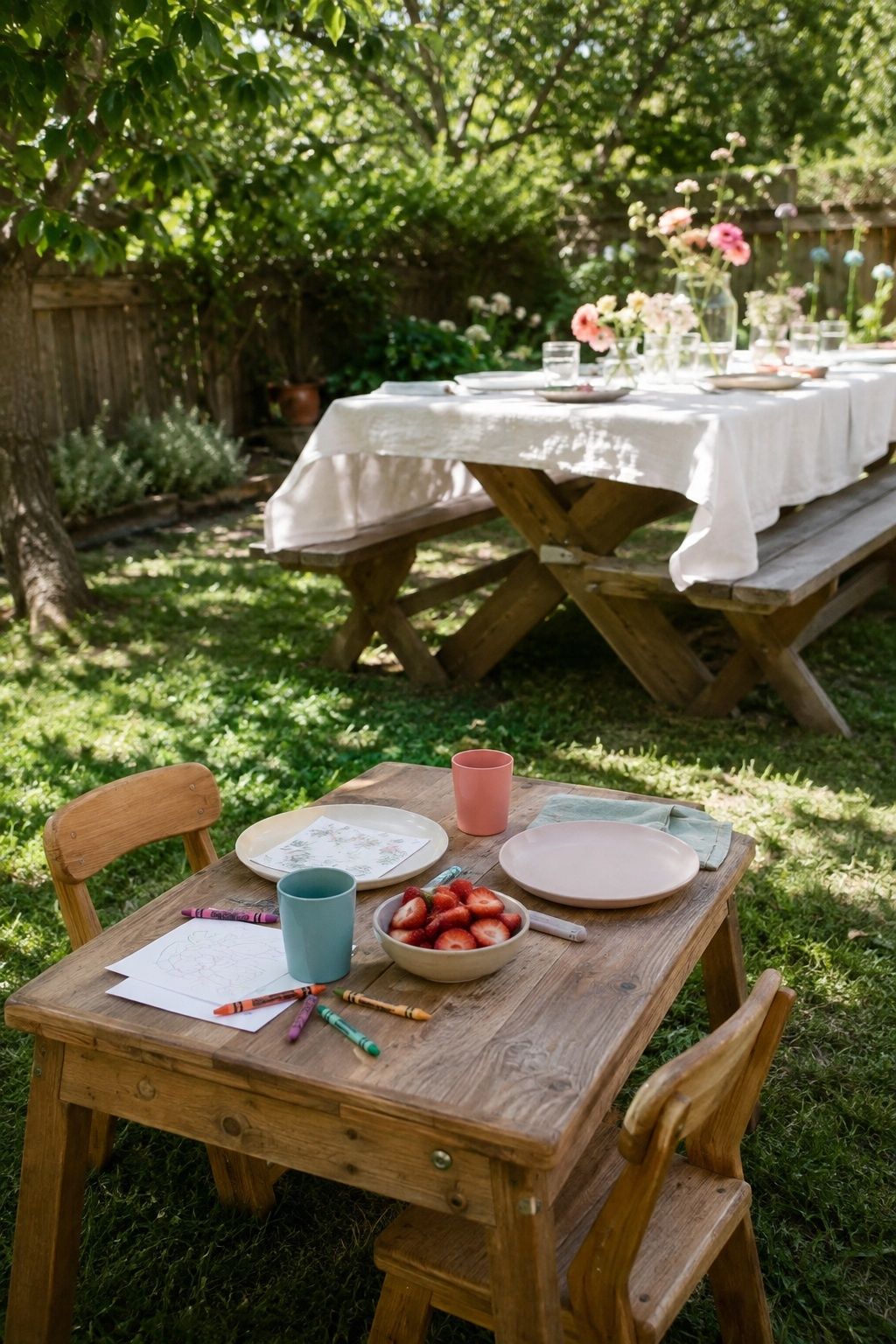 Child-sized table with crayons, strawberries and unbreakable cups beside a backyard celebration table.