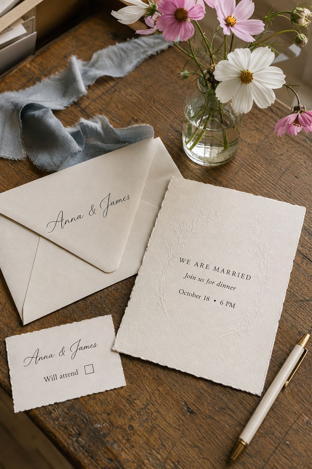 Post-elopement dinner invitation and RSVP card addressed to Anna and James.