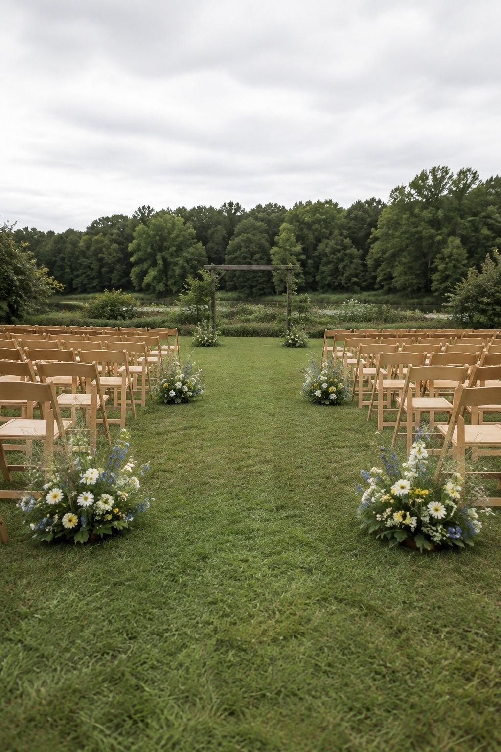Wildflower clusters along the ceremony aisle