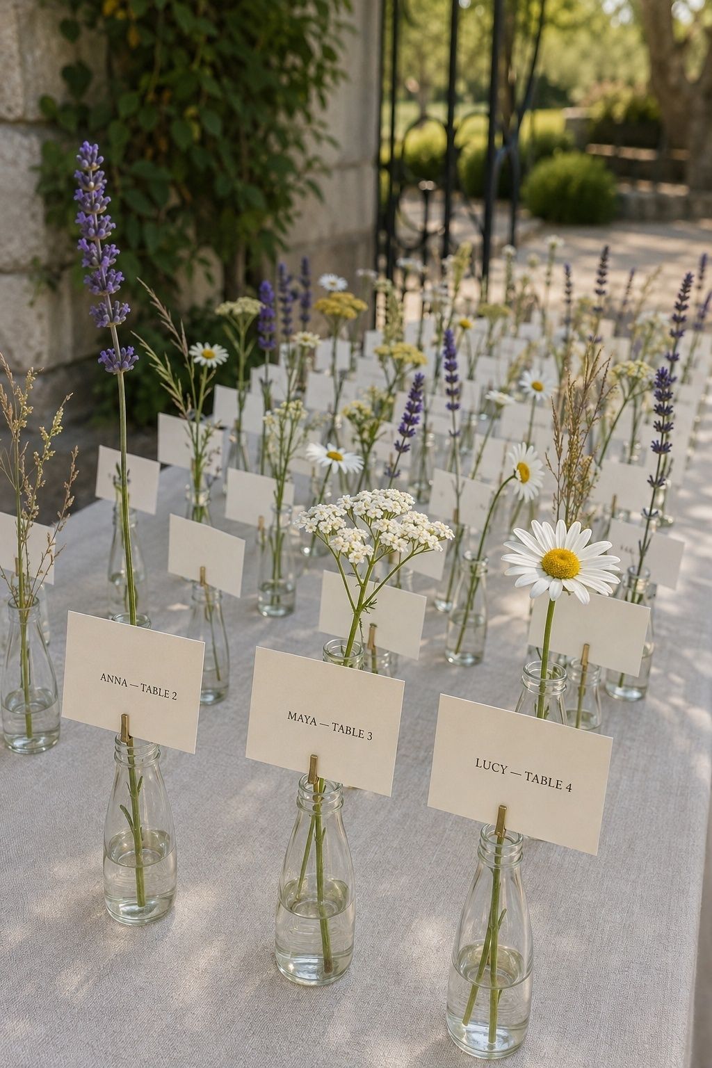 Escort card display made of stems and names