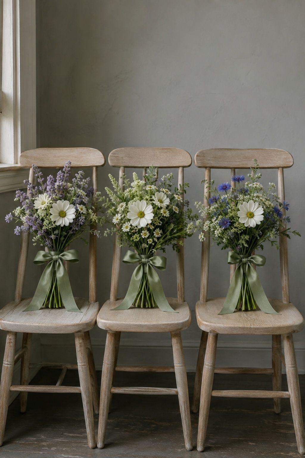 Mismatched wildflower bouquets sharing one color rule