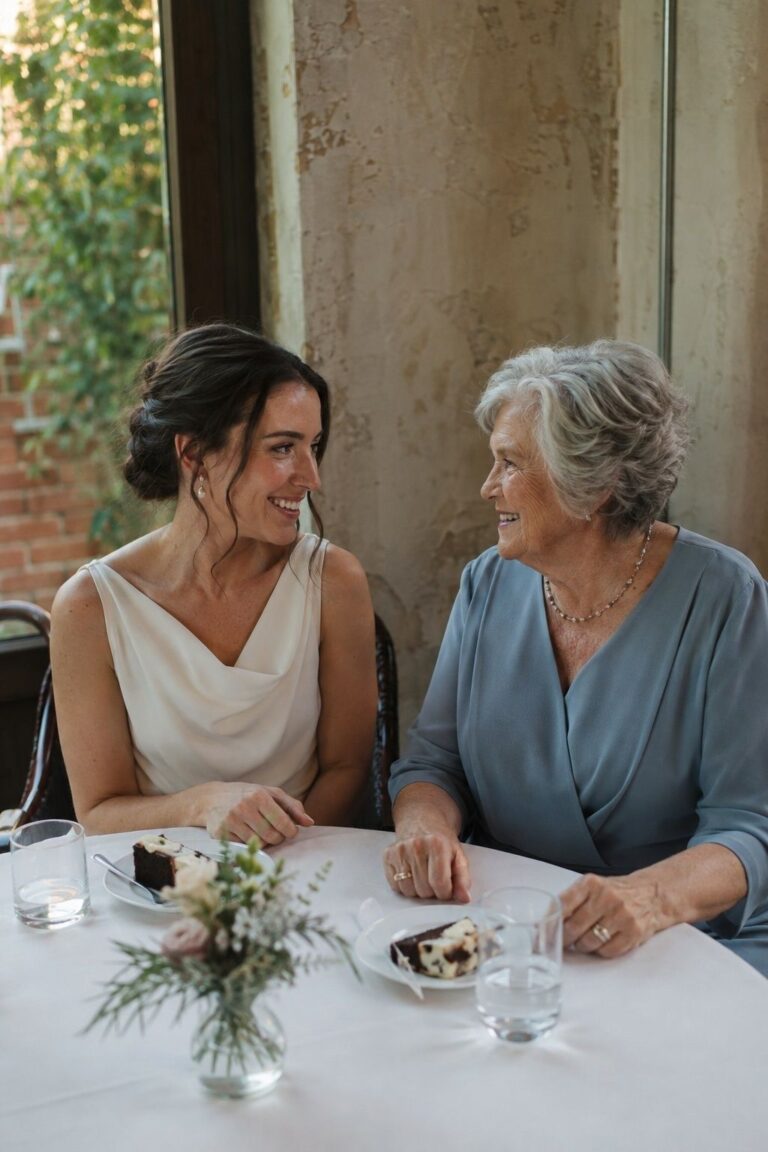 Bride talking with her grandmother over wedding dessert