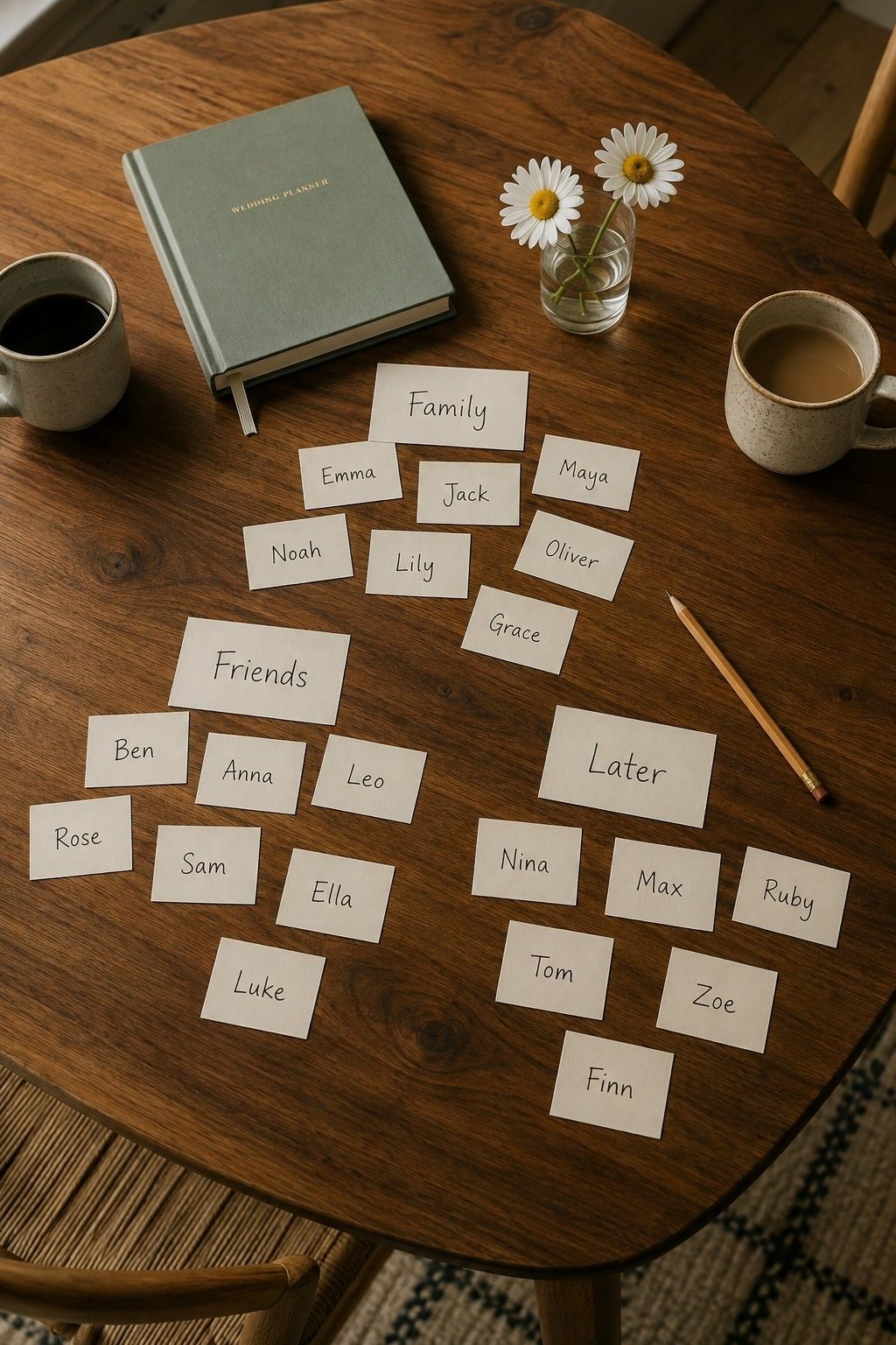 Wedding guest name cards grouped into family, friends and later