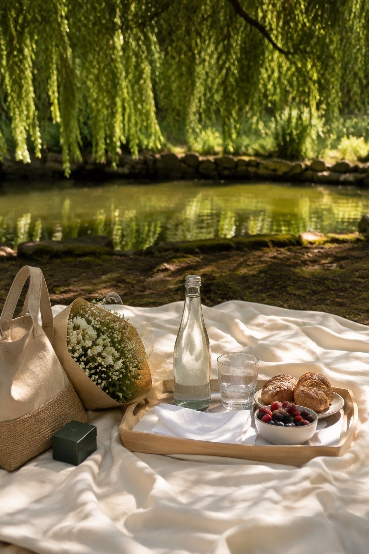 Picnic proposal beneath a willow tree