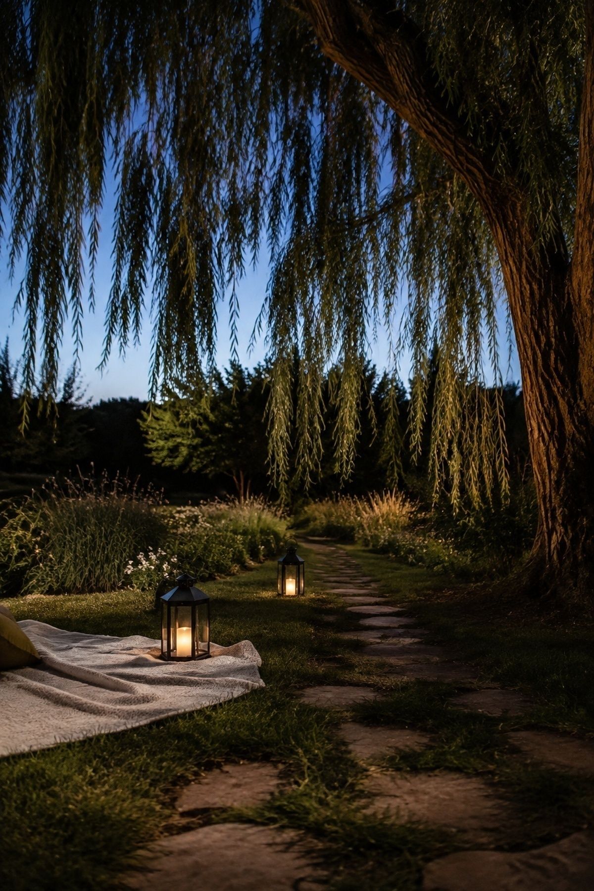 Battery lanterns under a willow tree