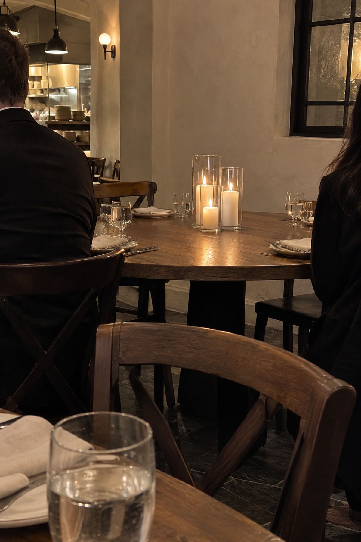 Clustered pillar candles on dinner tables