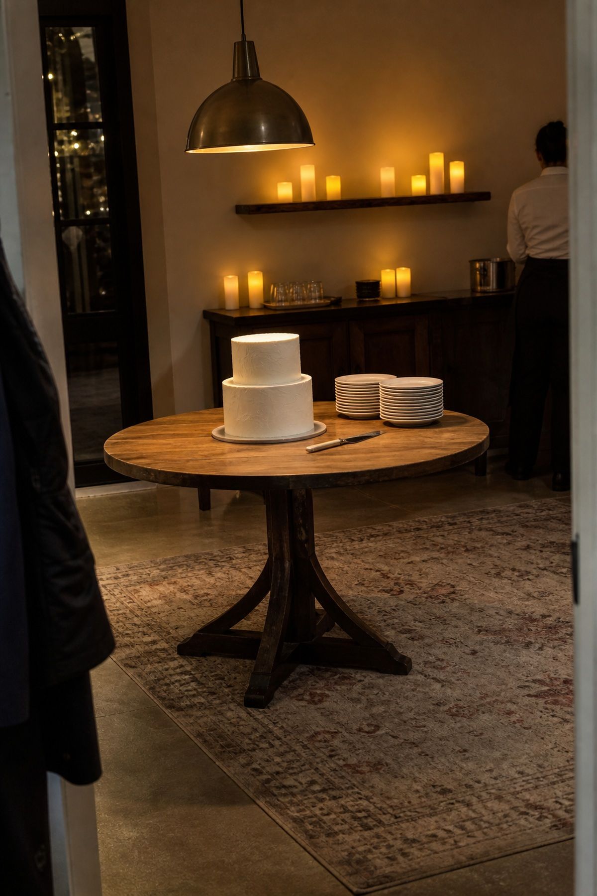 Cake table in a pool of candlelight