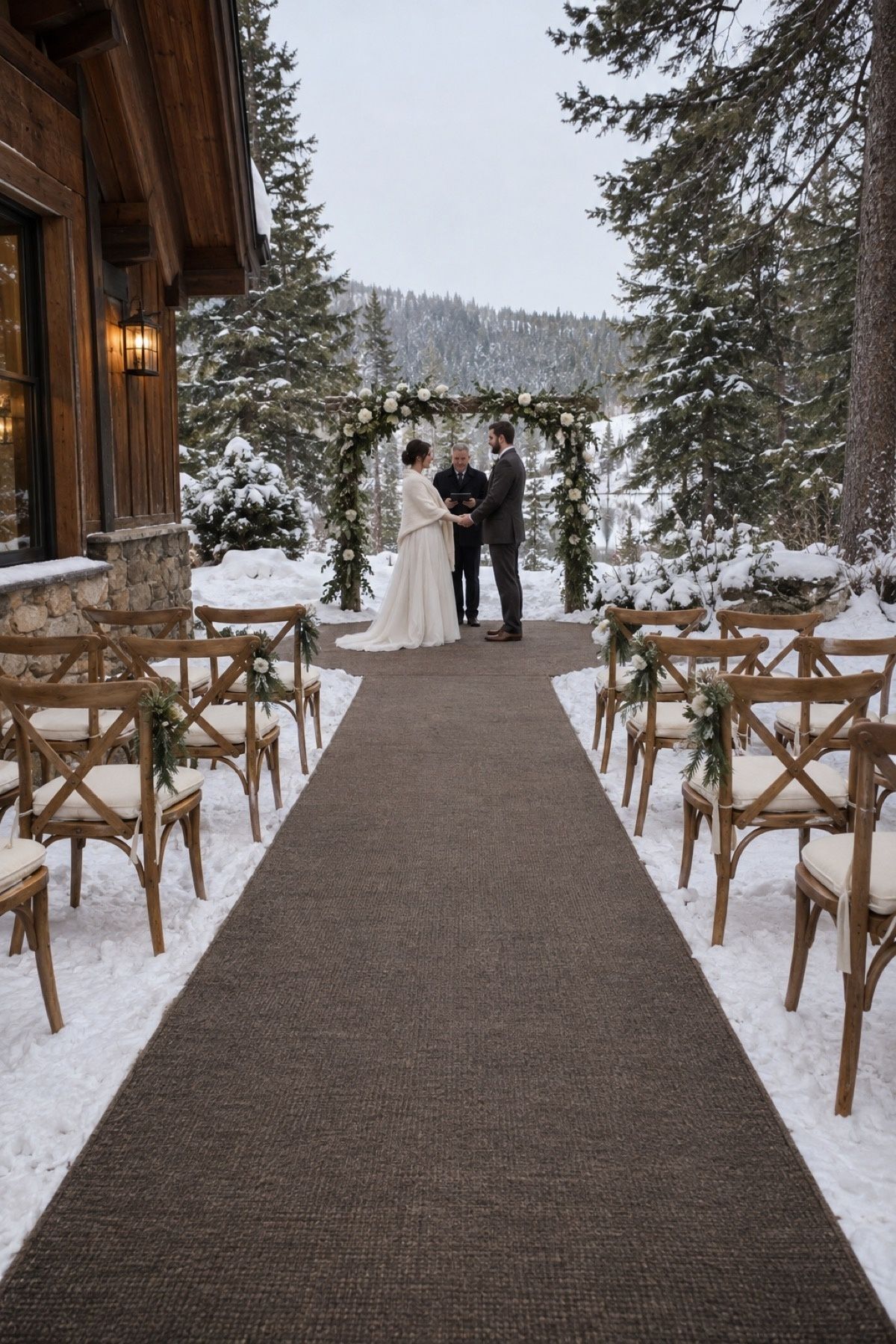 Short snowy wedding ceremony beside a lodge with a cleared aisle