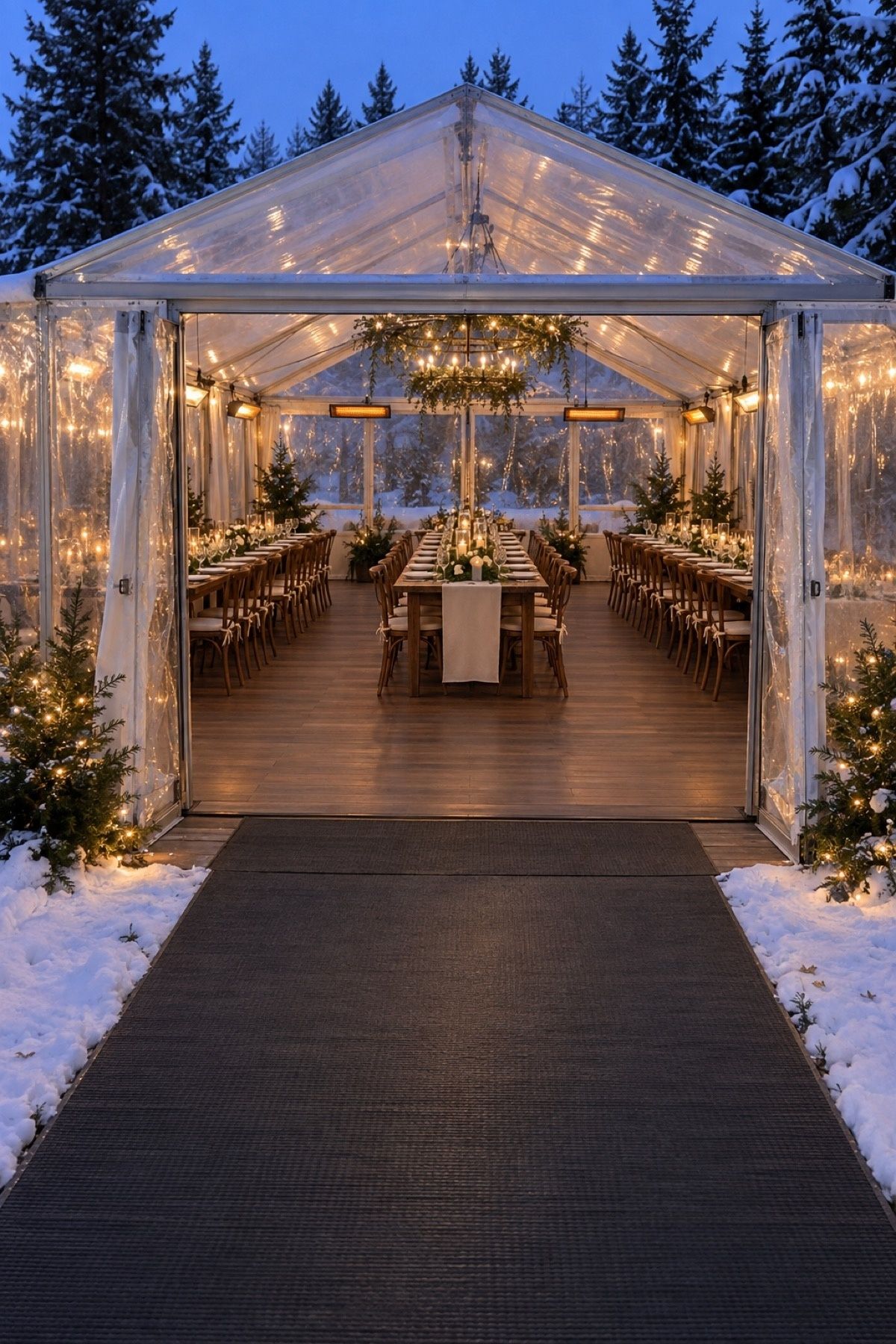 Heated clear tent reception with dry flooring in a snowy setting