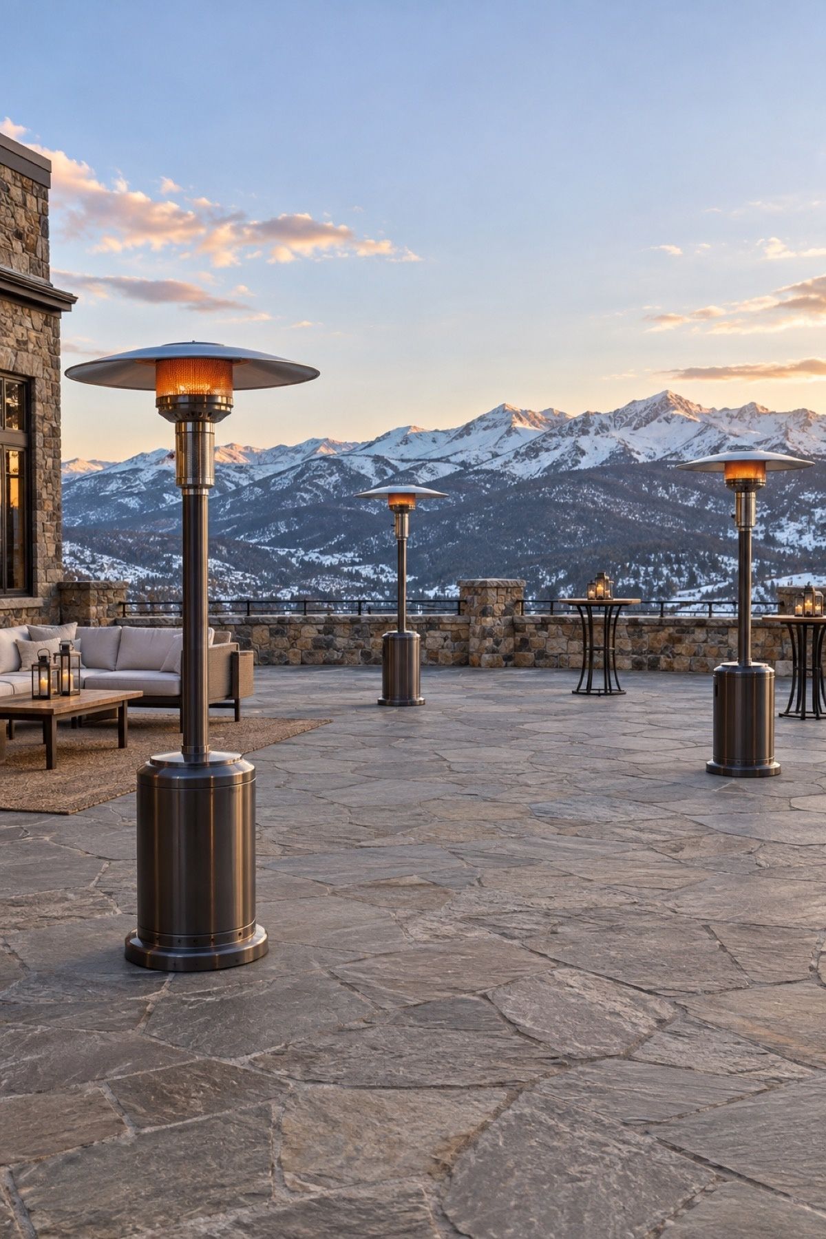 Safely spaced patio heaters in winter wedding gathering zones