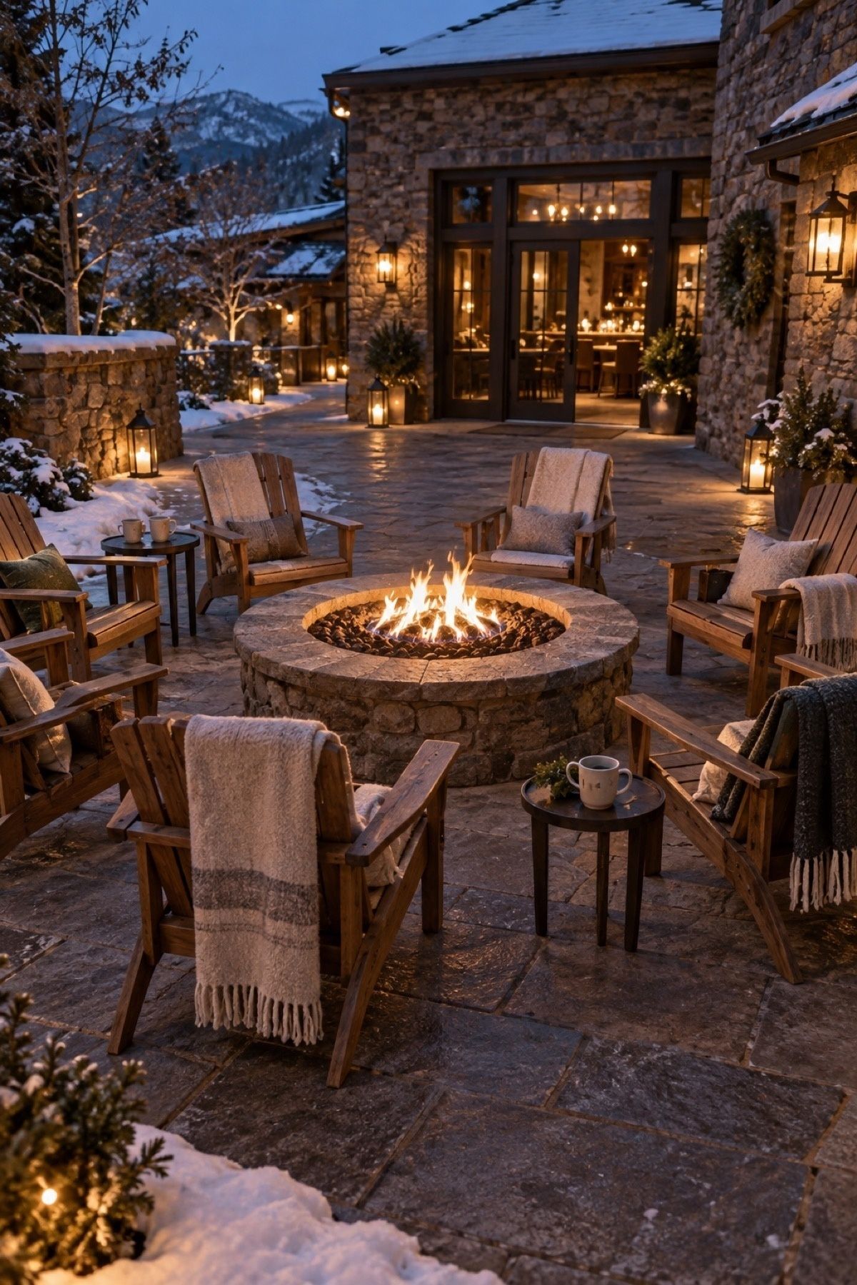 Winter wedding fire pit seating with safe spacing and a warm lodge nearby