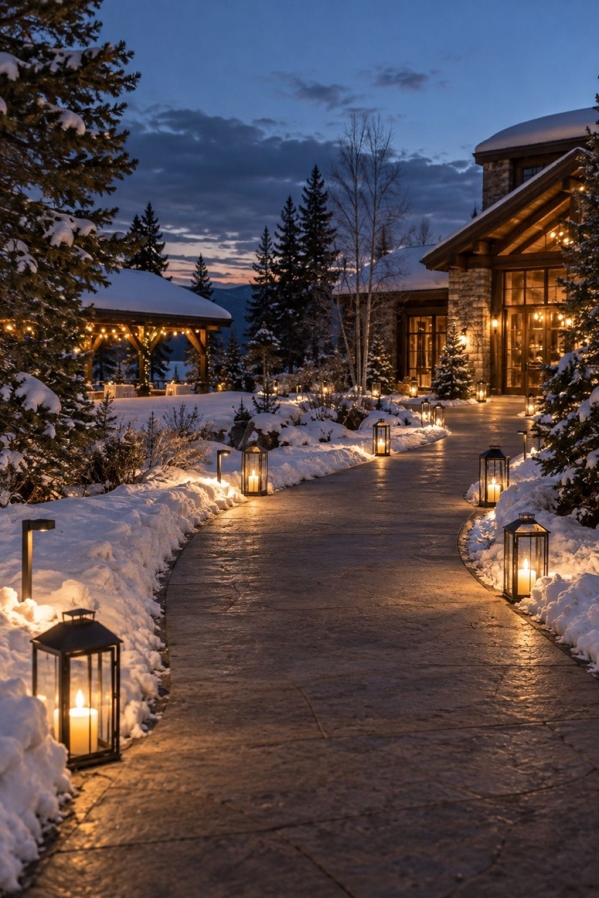 Enclosed lanterns lighting a cleared winter wedding path at twilight