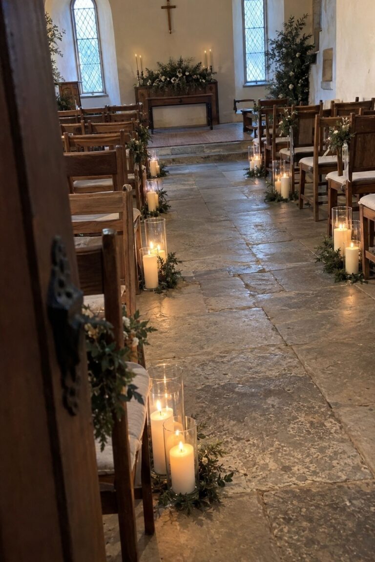 Hurricane Candle Aisle for intimate winter wedding aisle decor.
