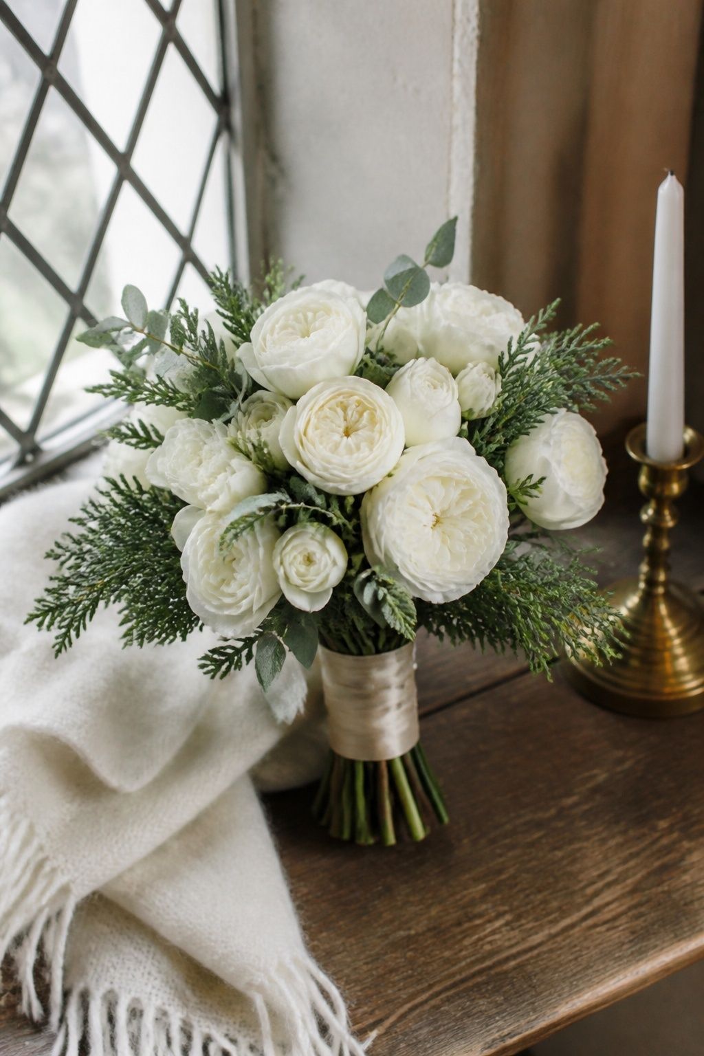 White garden rose and restrained evergreen winter bridal bouquet with champagne ribbon