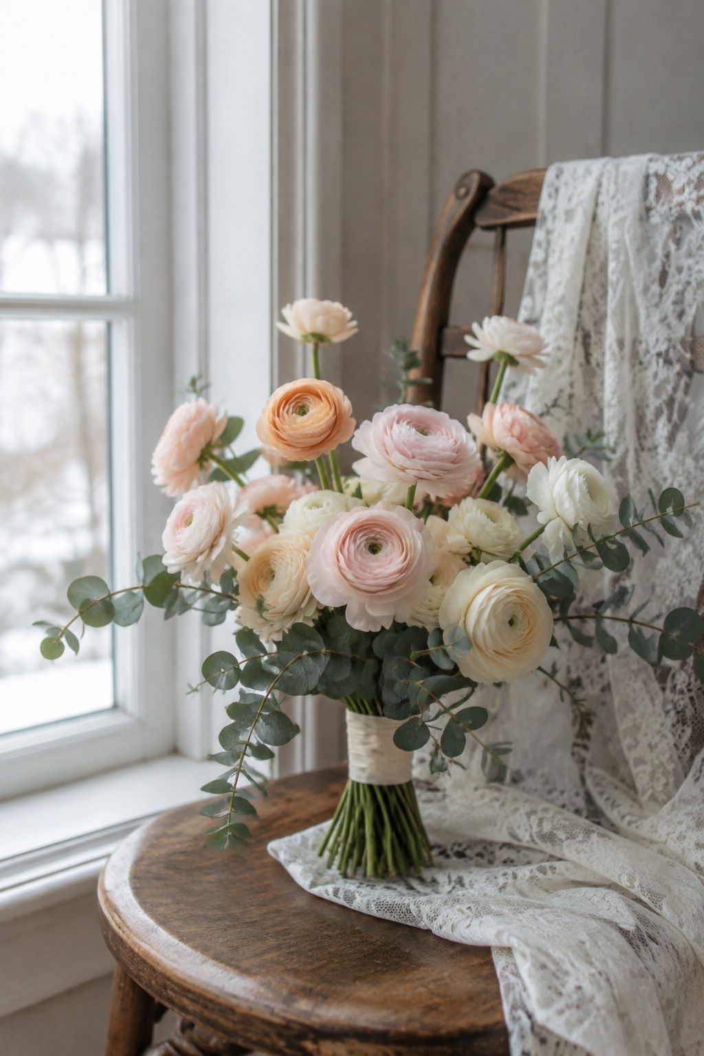 Blush and cream ranunculus bridal bouquet with light eucalyptus beside a winter window