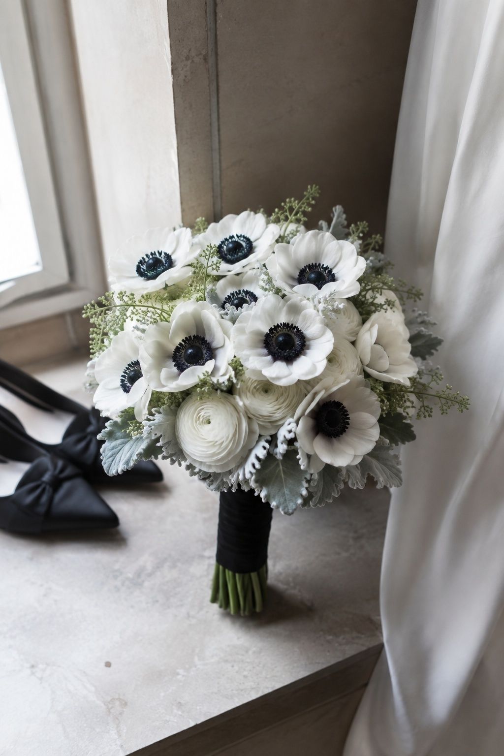 White anemone winter bouquet with dark centers and black velvet stem wrap