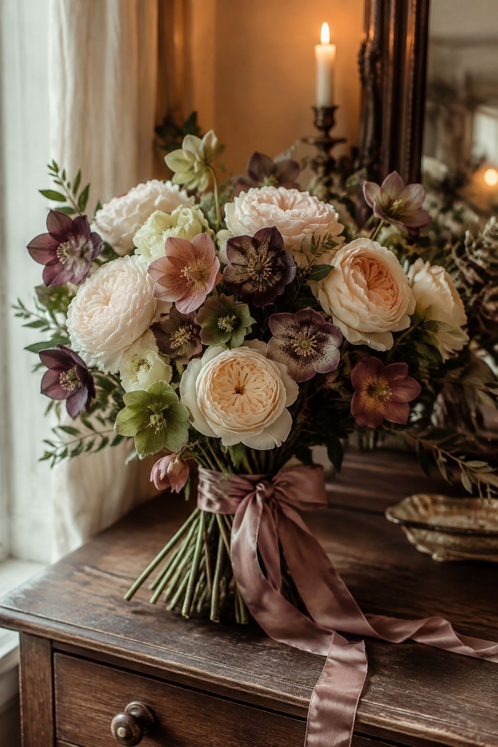 Cream garden roses with mauve plum and green hellebores in a romantic winter bouquet