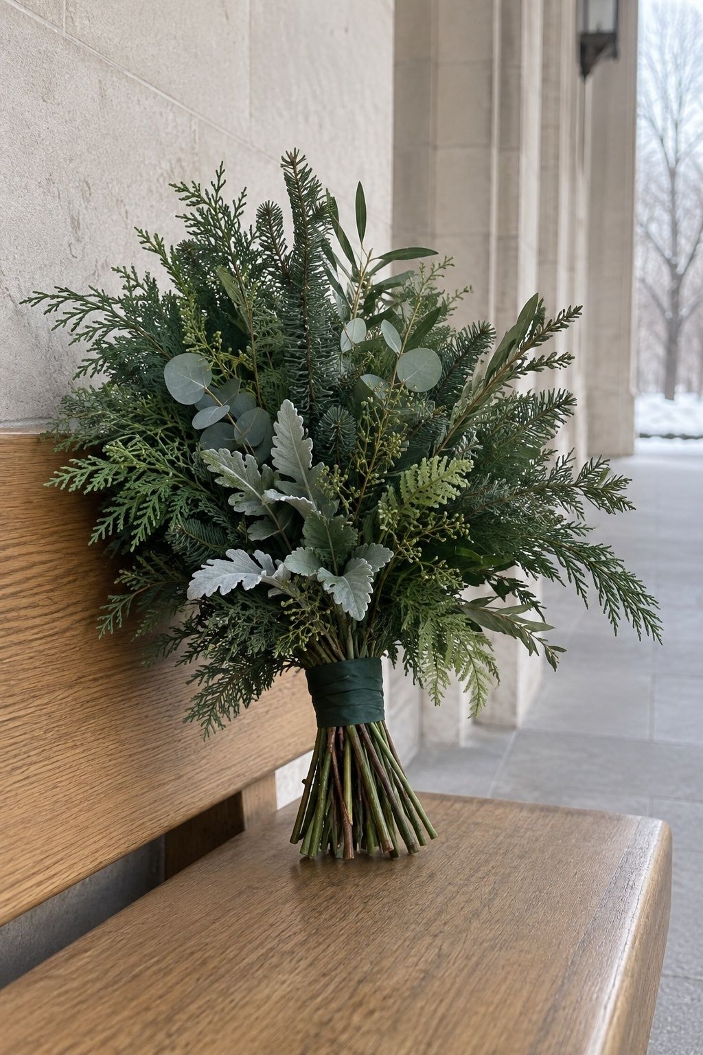 All-green winter bridal bouquet with evergreen eucalyptus olive and dusty miller