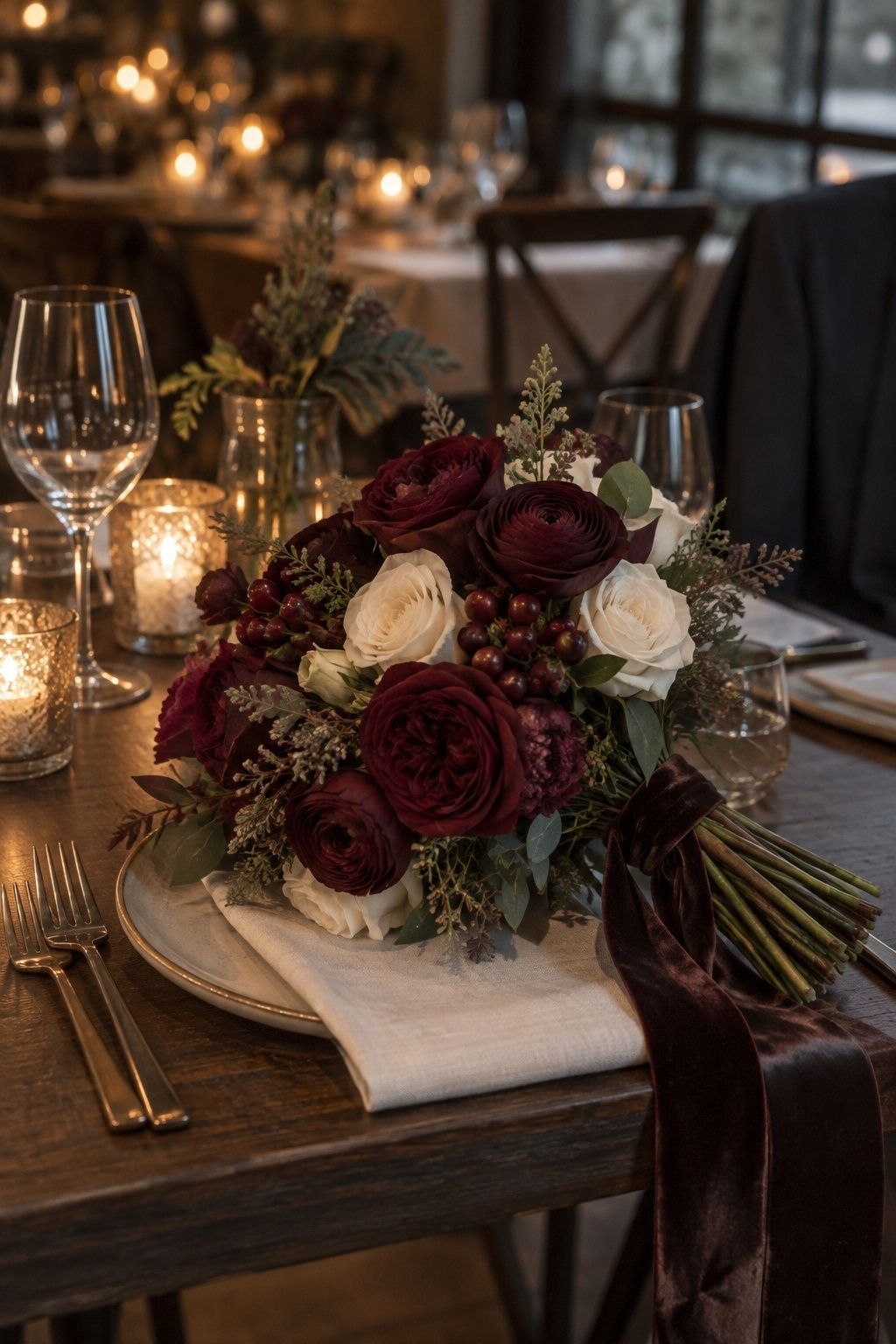 Burgundy and ivory winter bridal bouquet with berries and chocolate velvet ribbon
