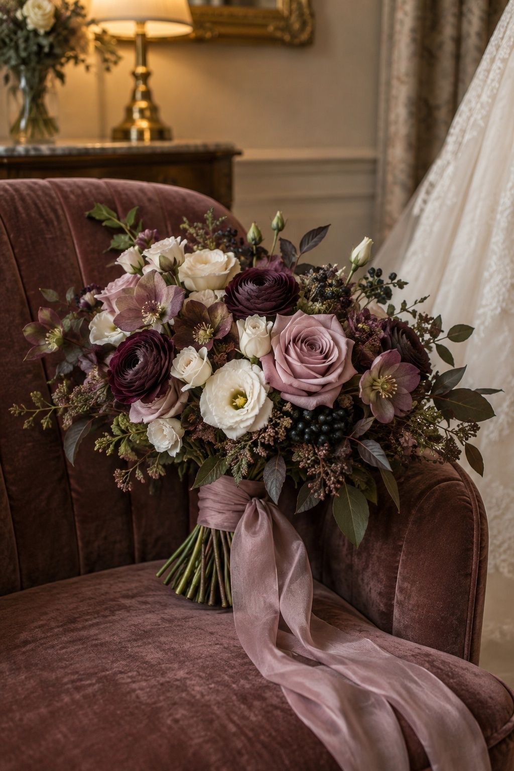 Plum and mauve winter bouquet with cream flowers and dark berries on a velvet chair
