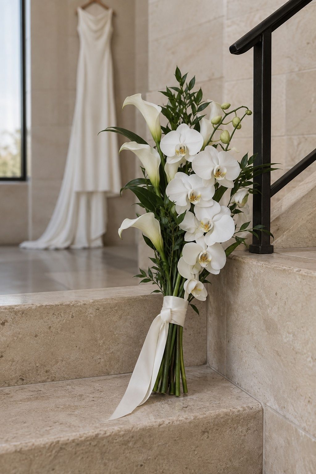 Narrow white orchid and calla lily winter bouquet on a city hall staircase