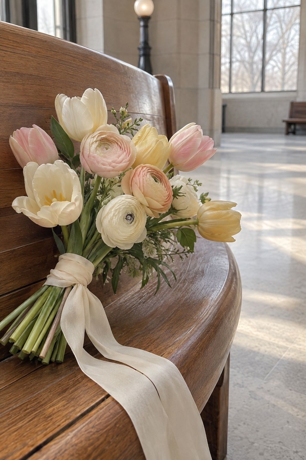 Cream blush and pale apricot tulip and ranunculus bouquet on a courthouse bench