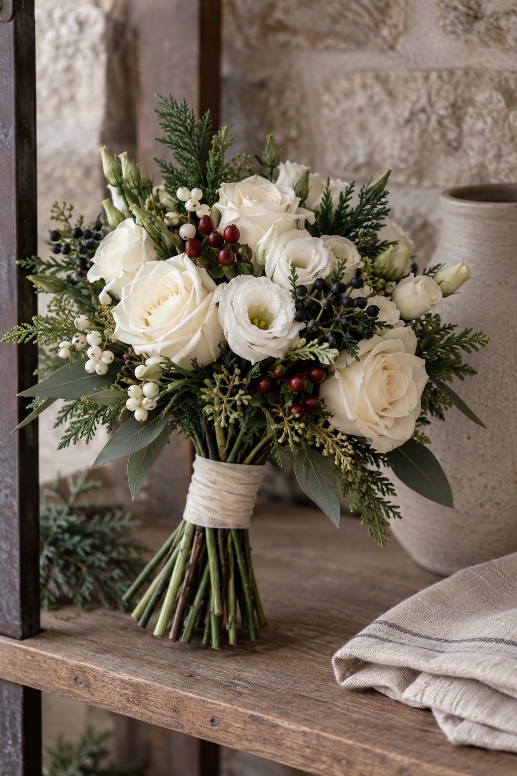 Ivory winter bouquet with sparse burgundy white and dark berry accents