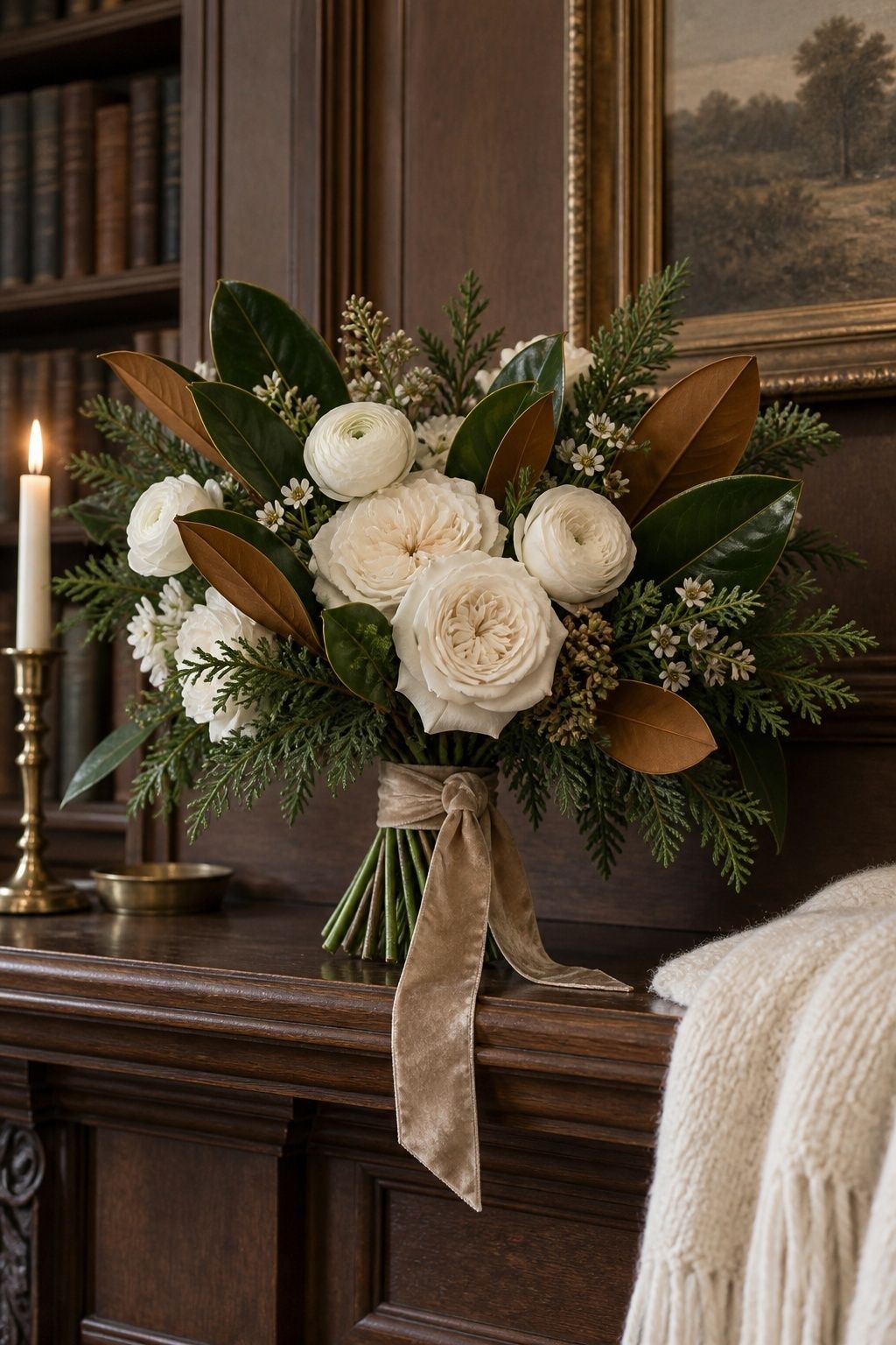 Magnolia and evergreen winter bouquet with ivory roses and warm brown leaf undersides