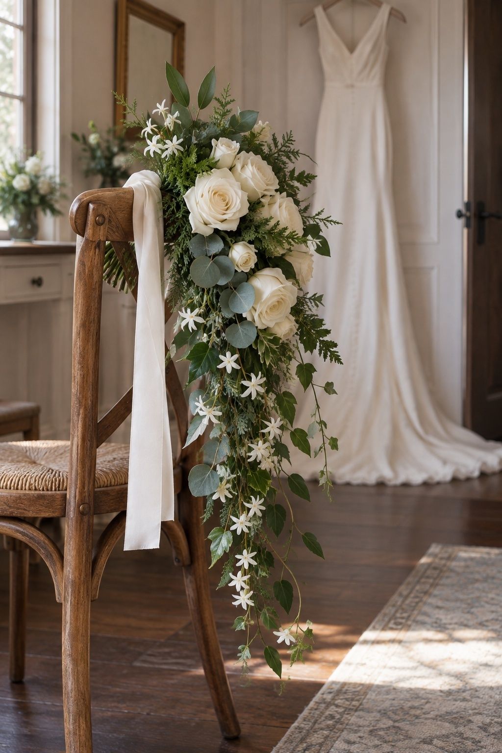 Narrow cascading winter greenery bouquet with ivory roses beside a wedding dress