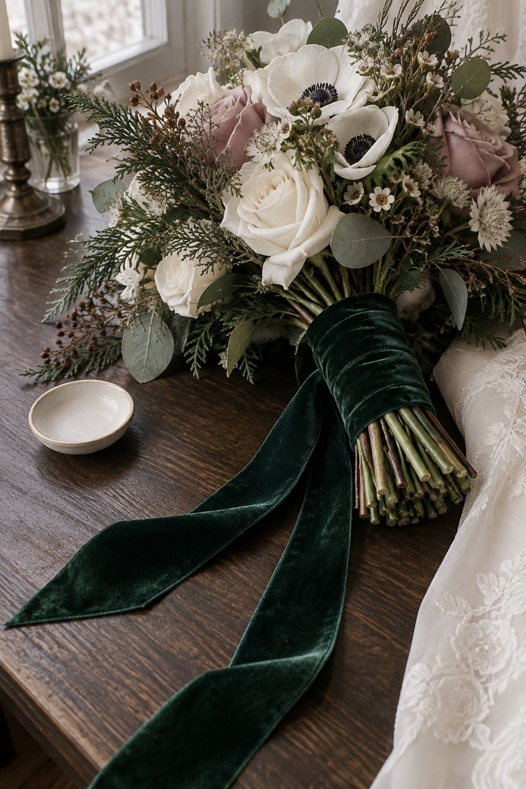 Forest green velvet ribbon finish on an ivory and mauve winter bridal bouquet