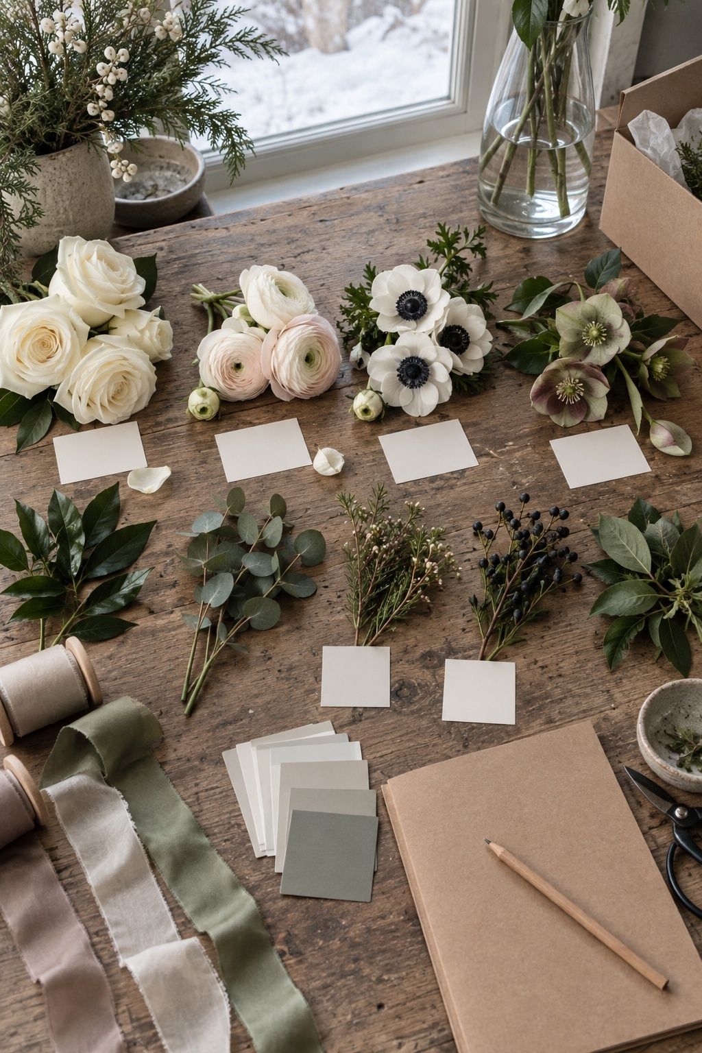 Winter florist substitution planning table with flower samples greenery ribbon and blank cards