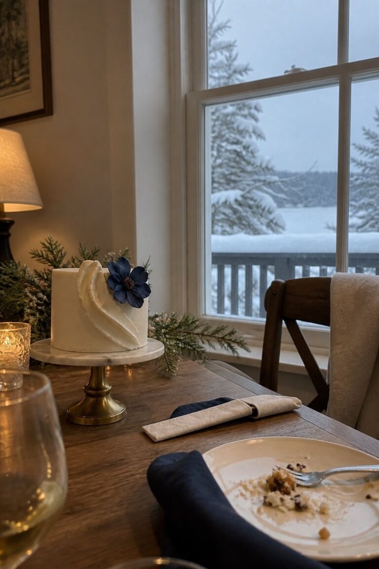 petite one-tier statement cake styled for an intimate winter wedding