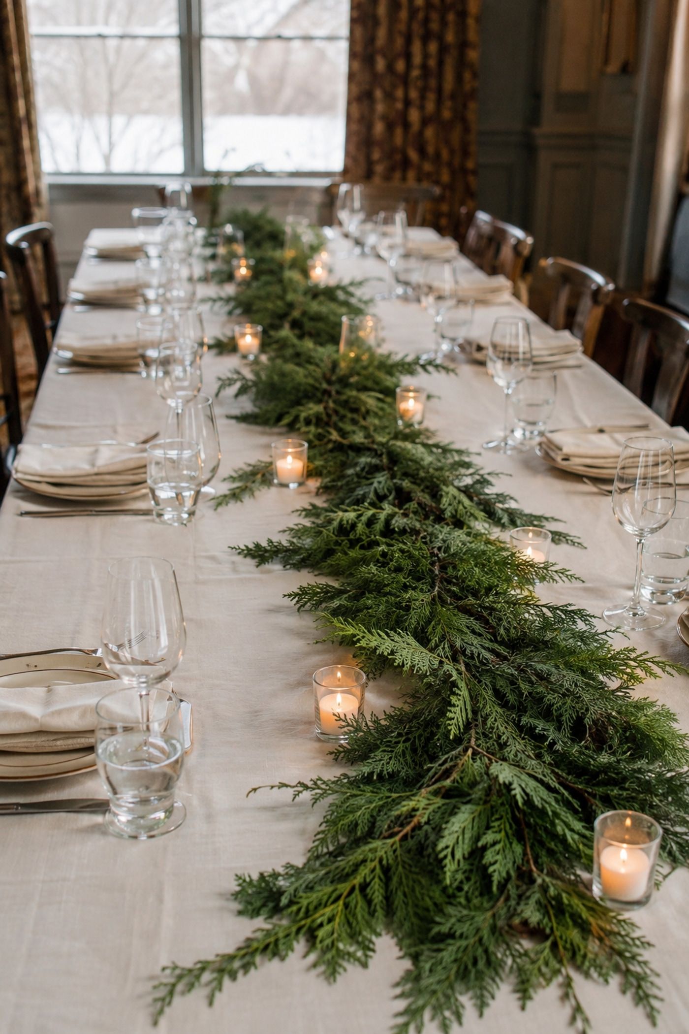 Evergreen runner with scattered votives