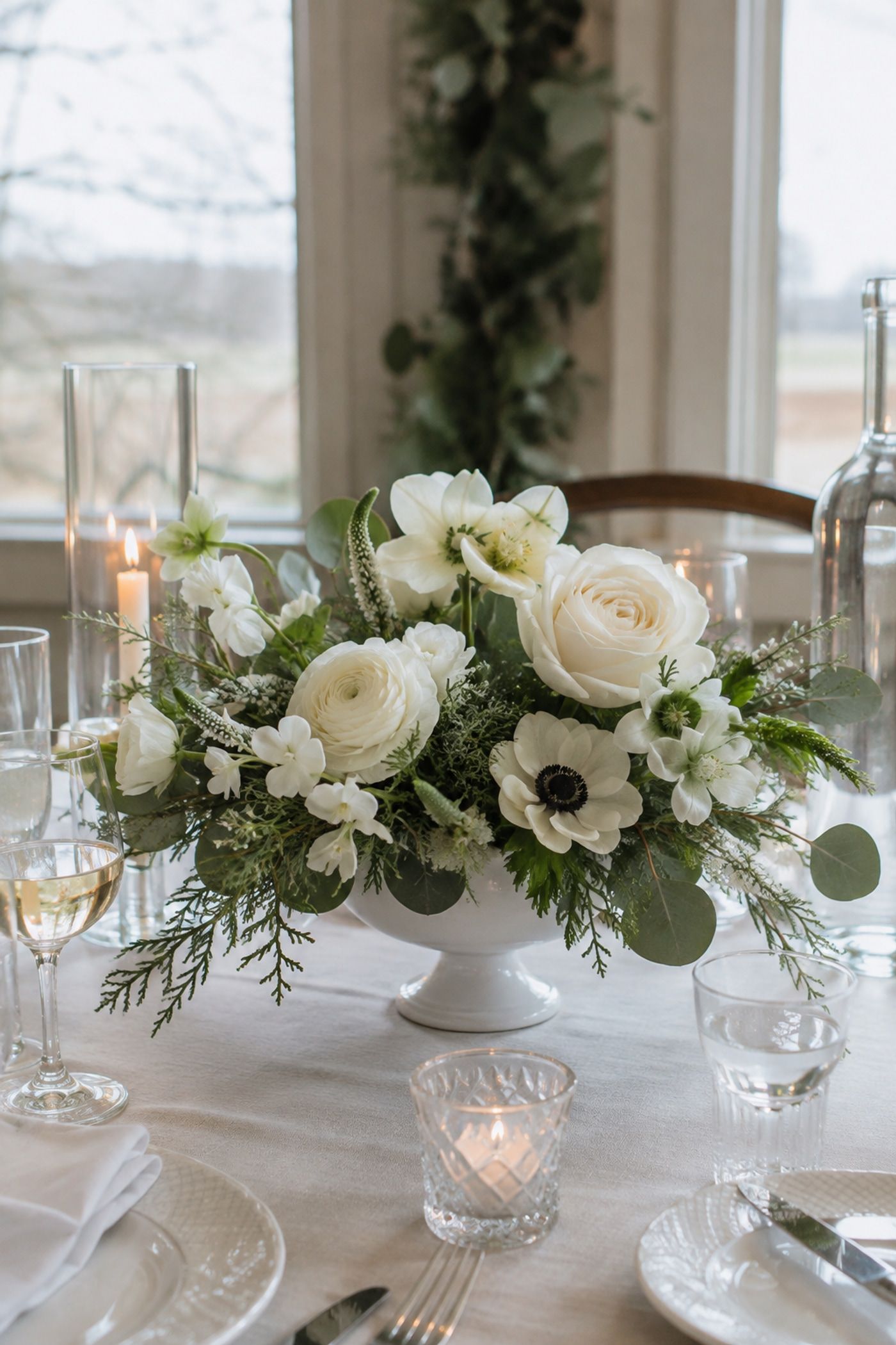 White floral compotes with greenery