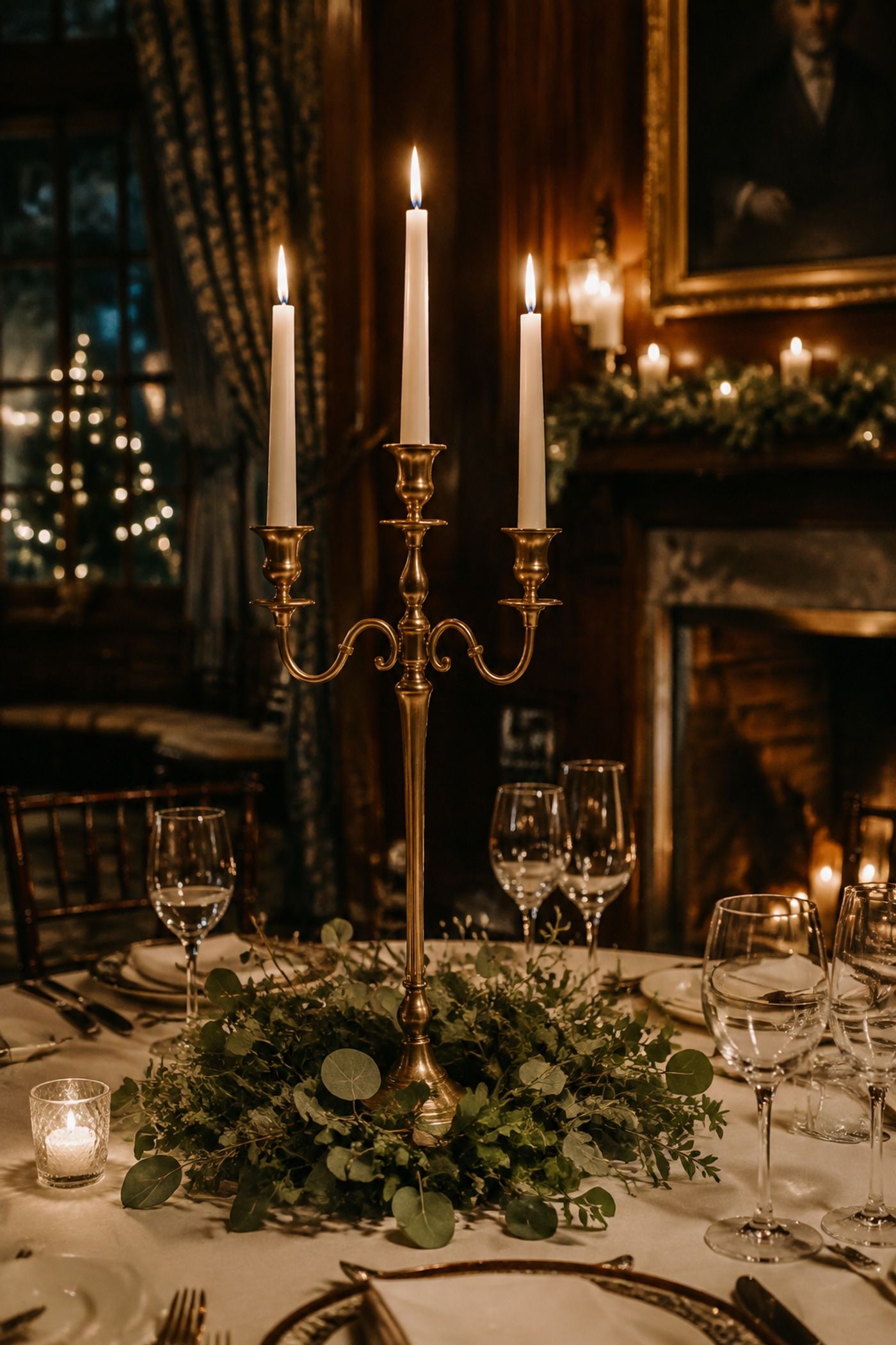 Gold candelabras with simple greenery
