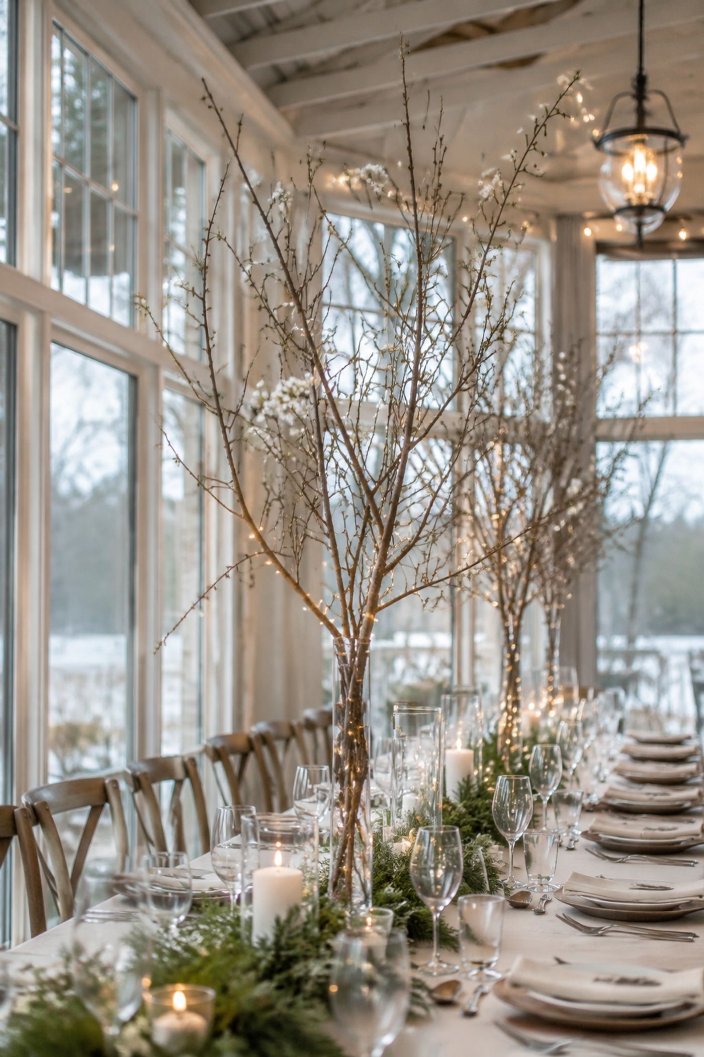 Bare branch centerpieces rising above eye level