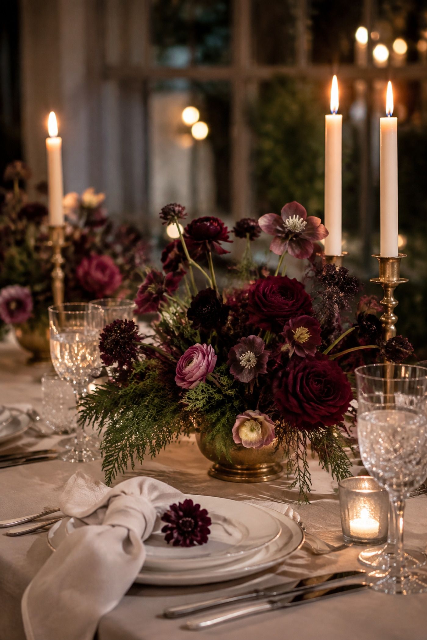 Moody burgundy and green centerpieces