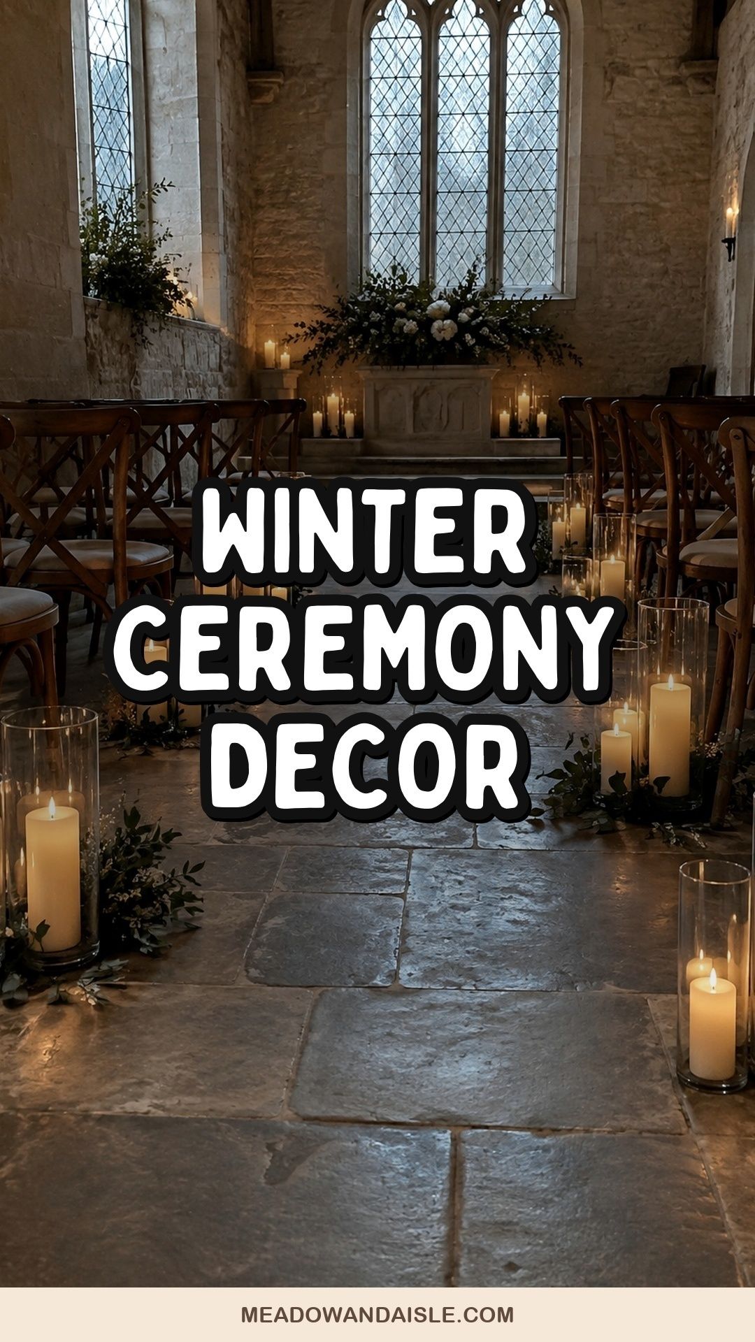 Winter ceremony decor with a candlelit aisle in glass hurricanes.