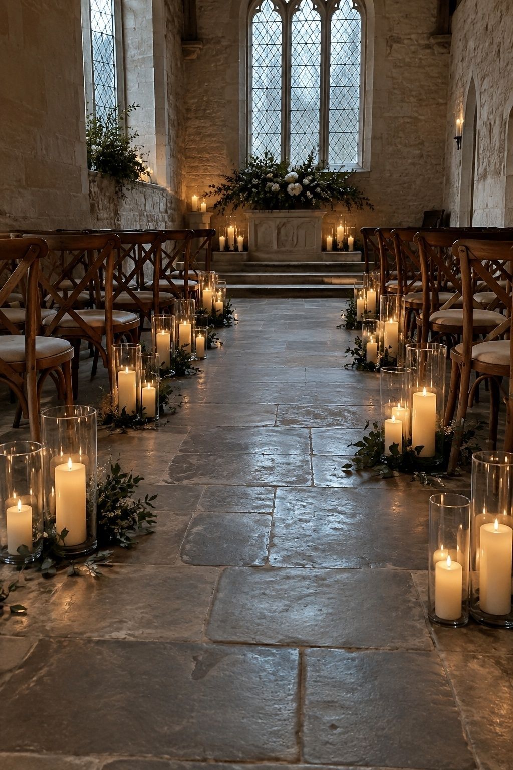 A narrow stone-floor chapel aisle before guests arrive, lined with varied-height glass hurricanes and ivory LED pillar candles placed safely outside the walking path.
